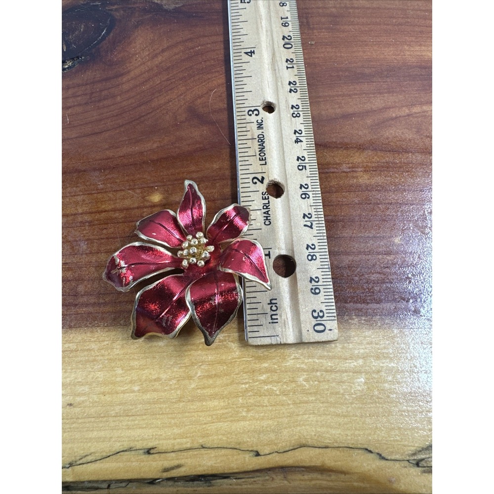 Vtg CERRITO Red Enamel Legend of POINSETTIA Brooch Pin Handcrafted Christmas 60s - Picture 4 of 4
